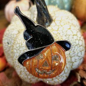 Enameled Gold Tone Witch Hat Pumpkin Brooch/Pin